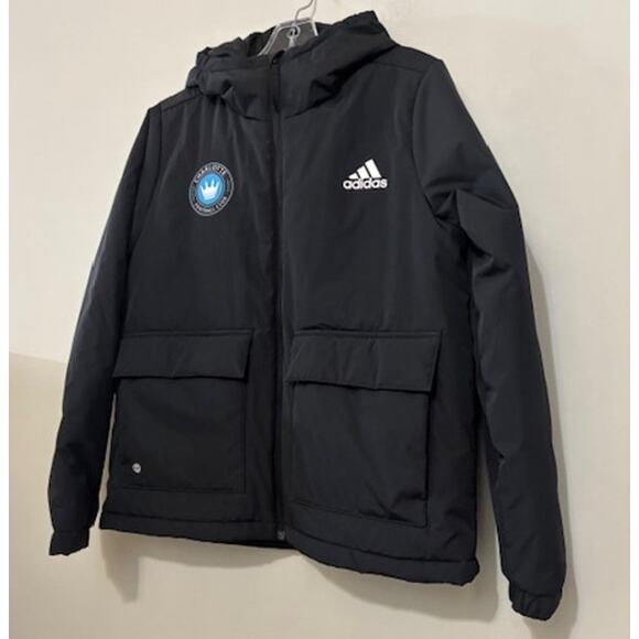Adidas Stadium Parka Jacket Charlotte FC Soccer Hooded Black Youth Large New